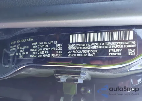 2017 Jeep Renegade Sport Fwd из США, поврежденный, VIN ZACCJAAH3HPF30893